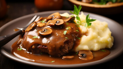 Wall Mural - Delicious home cooked Salisbury steak with thick luscious brown mushroom gravy served with mashed potatoes on a plate. Traditional American cuisine dish specialty for family dinner holiday celebration