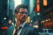 Portrait of a handsome man in the glasses and the suit standing on the street of busy city Made with Generative AI