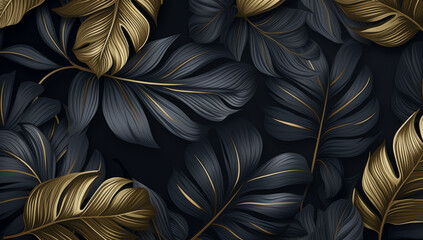 Wall Mural - Golden and Black Tropical Leaves Seamless Pattern on a Dark Background: Exotic Botanical Design. Beautiful luxury dark blue textured background frame with golden and blue tropical leaves