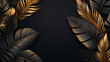 Golden And Black Tropical Leaves Seamless Pattern On A Dark Background: Exotic Botanical Design. Beautiful Luxury Dark Blue Textured Background Frame With Golden And Blue Tropical Leaves