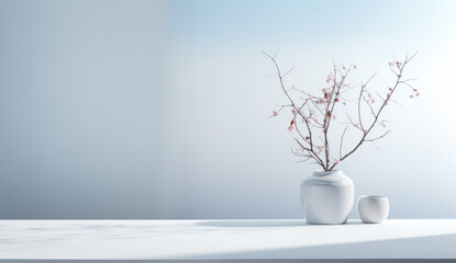 Clean interior with empty copyspace, Interior of empty room with blue wall and vase with flowers, Empty apartment room with wooden floor of beach house. Sea view from windows