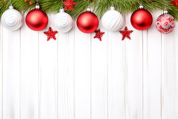 Wall Mural - Hanging Christmas baubles with snowflakes and fir leaves against a white wood panelled background Christmas and new year celebration image wallpaper