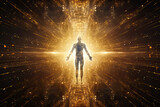 Fototapeta Koty - Quantum field grid of golden light particles surrounding a human form