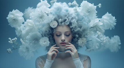 Wall Mural - Fantasy portrait of a woman wearing a large hat made of white flower. Eyes closed and deep in thought.