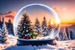 Composite image of decorated christmas tree in snow globe with snowflakes at sunset 