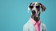 Creative portrait of a dog mascot dressed in suit and tie, wearing pink sunglasses. Minimal humorous concept, funny character, pastel colors. Background with copy space.