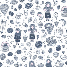 Mother Life Pattern Design For Print Including Different Elements Of Love And Baby