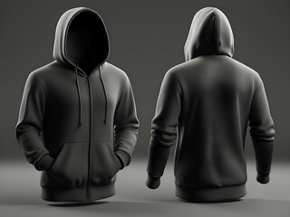 Sticker - Set of Black front and back view tee hoodie hoody sweatshirt. Mockup template for artwork graphic design