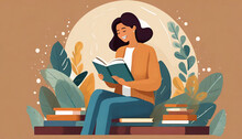 Happy Woman Sits And Reads The Book With Enjoy And Interest. The Girl Keeps Her Diary Or Takes Notes. Book Therapy Session. Mental Health Concept Illustration