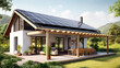 A solar-powered home with a backyard pergola and seating area