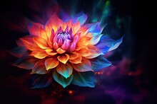 Colorful Flower In Neon Colors On Black Background. Abstract Multicolor Floral Backdrop With Copy Space. Magic Fantasy Flower	