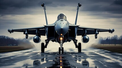 Front view of a military jet fighter taking off from