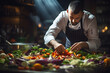 A male chef is preparing a vegetarian vegetable dish in a professional kitchen,