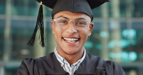 Poster - Face, outdoor and man with graduation, education and celebration with cap, robe or university. Portrait, person and academic with student, happiness or achievement with degree, success or scholarship