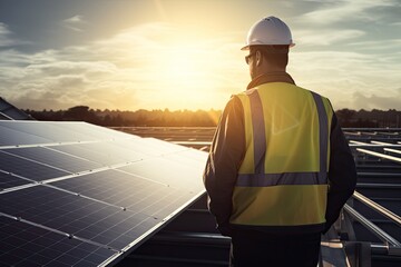 Wall Mural - a solar installer on a rooftop with sunrise