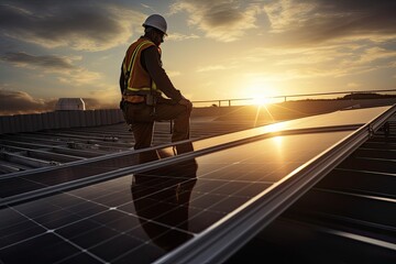 Wall Mural - a solar installer on a rooftop with sunrise