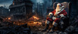 Post-apocalyptic Christmas, Santa Claus sits in a chair in the ruins, night, wide banner, nuclear destruction, copyspace