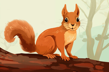 Cute cartoon squirrel nibbles perched on a branch, its adorable eyes gleaming with curiosity. Generative AI