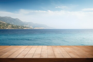 Wall Mural - Wooden stage floor on the beach with trees and blue sky vacation background.