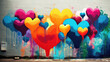 heart shaped balloons graffiti wall abstract background, artistic pop art background backdrop