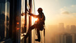 A Professional climber rope access worker cleaning glass in tall building.
