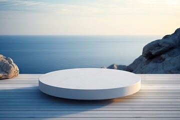 Wall Mural - White podium stage on the wooden deck with sea salt beach and dawn twilight golden hour sky background.