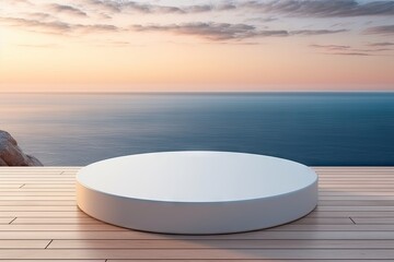 Wall Mural - White podium stage on the wooden deck with sea salt beach and dawn twilight golden hour sky background.