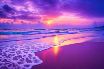 Wall Mural - Nature in twilight period which including of sunrise over the sea and the nice beach. Summer beach with blue water and purple sky at the sunset 