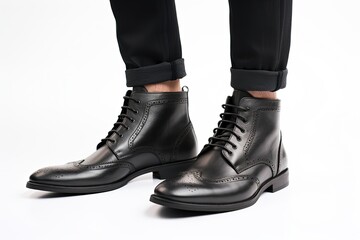 Black leather boots for men brogue style displayed on a white background A man s stylish legs adorned with black jeans and brown leather boots