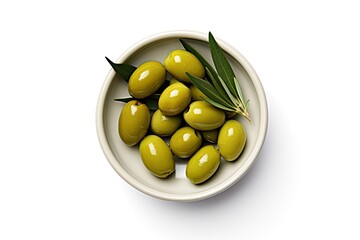 Wall Mural - Green olives with leaves isolated on white viewed from above
