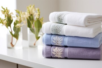 Wall Mural - A collection of vibrant bath towels with a delightful hyacinth flower design against a soft background These cotton towels showcase soothing pastel shades embodying cleanliness comfo