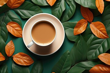 Sticker - Coffee cup with foliage arranged in a flat lay presentation, depicting the concept of nature.