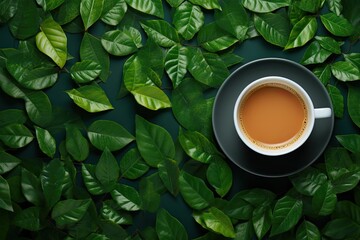 Sticker - Flat lay of coffee or tea cup on green leaves background.