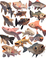 Wall Mural - Sticker set of stylized variation of fish, on a light background. 