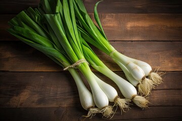 Wall Mural - Leeks placed on wooden table in flat lay arrangement