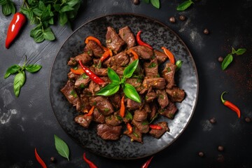 Wall Mural - Top view of Thai beef stir fry with basil and pepper on dark stone background copy space