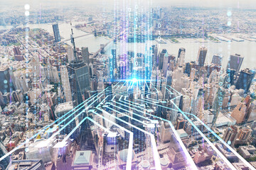 Wall Mural - Aerial panoramic helicopter city view, Lower Manhattan, Downtown, New York, USA. World Trade Center, bridges. Artificial Intelligence concept, hologram. AI, machine learning, neural network, robotics