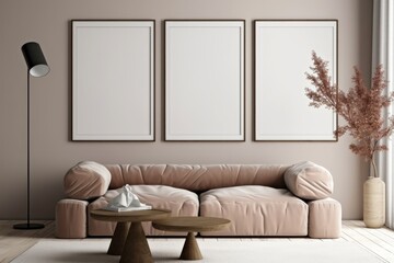 Frame mockup in modern living room interior, two frames on the wall, 3d render, Generative AI