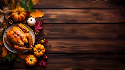 Top view of traditional Thankgiving turkey dinner on a dark wood banner background with copy space.