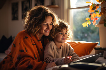 a mother with her baby is happy inside the room at home against the backdrop of light from the windo