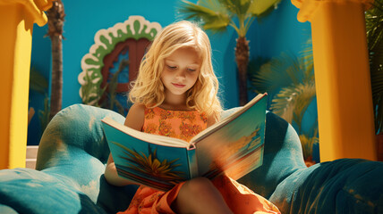 A little girl reading a book in her room