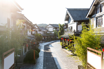 Empty road outside Chinese ancient buildings