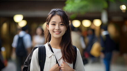 Wall Mural - Outdoor portrait of cheerful asian  female student with backpack and workbooks standing near college building, looking at camera and smiling