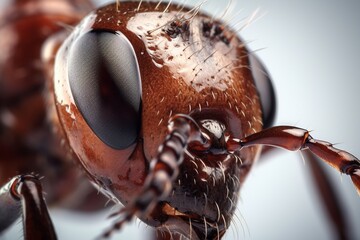 close up macro photography of an ant, closeup on the eyes, isolated on a white background