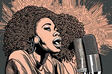 A Black And White Line Drawing Of A Black African American Woman Singing In A Nightclub