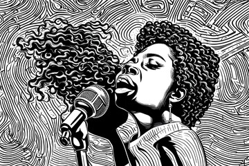 A black and white line drawing of a black african american woman singing in a nightclub