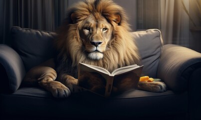 Wall Mural - lion reading book on sofa, learning and knowladge concept, Generative AI