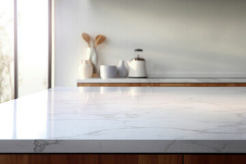 Leinwandbilder - Closeup of white marble countertop in modern kitchen and sunlight from window blurred background. High quality photo