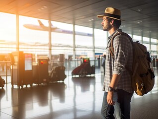 travel at the airport with backpack walking at the gate airport and excited man with passport  journey and flight schedule search for traveler enjoy trip and holiday