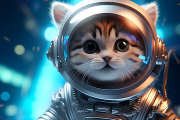 Wall Mural - Cute space cat dressed in astronaut suit, cyberpunk background